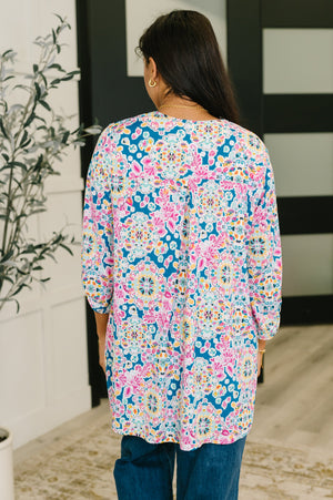 Lizzy Cardigan in Teal and Pink Floral Abstract - STB Boutique