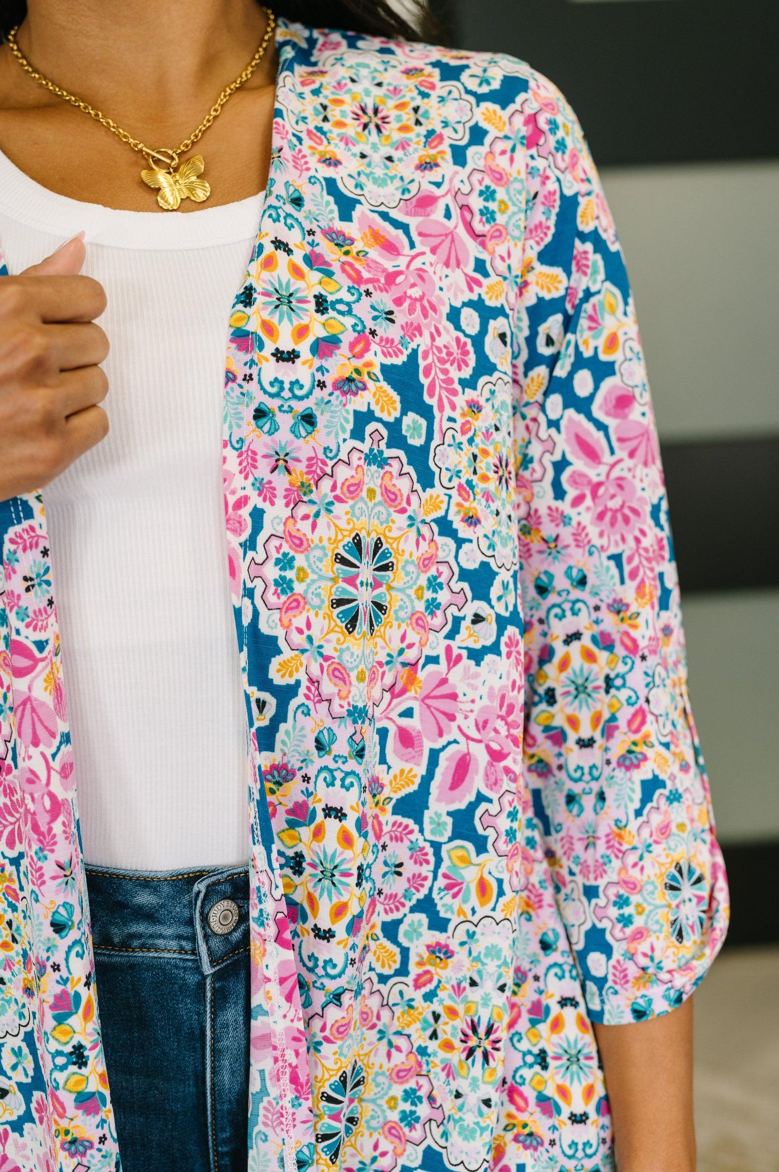 Lizzy Cardigan in Teal and Pink Floral Abstract - STB Boutique