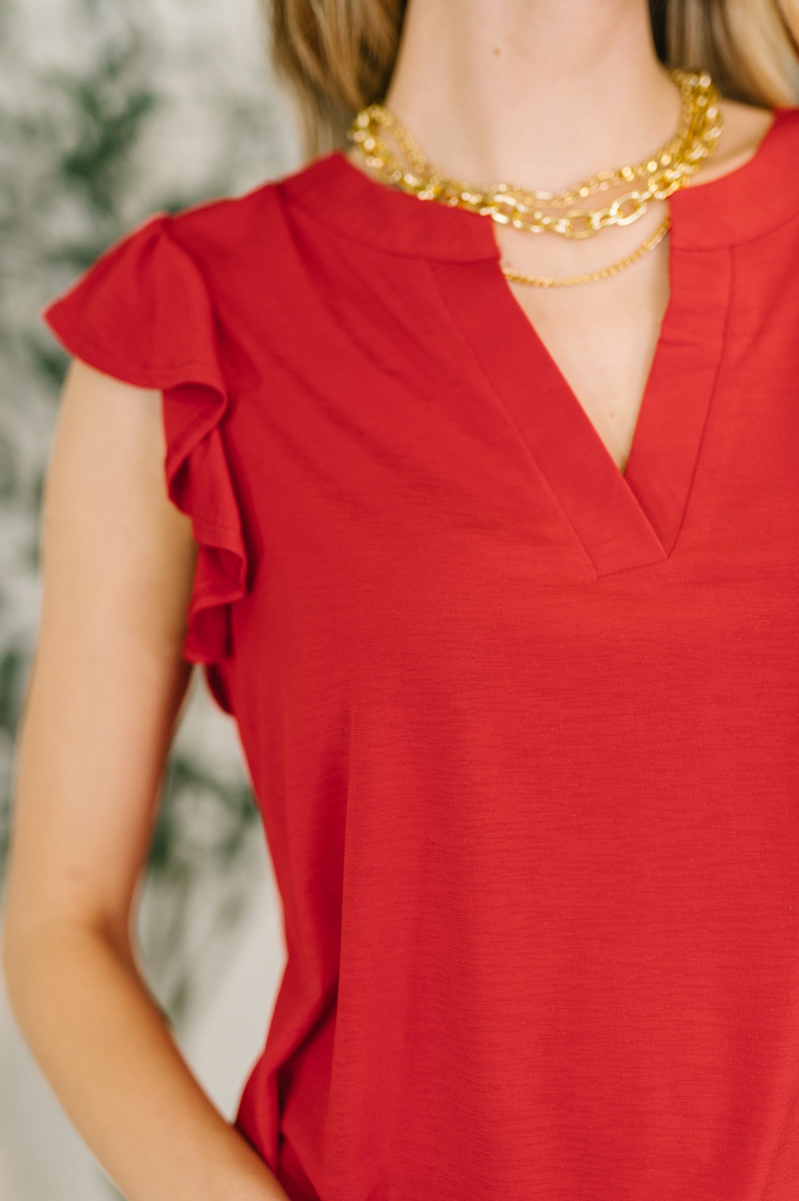 Lizzy Flutter Sleeve V-Neck Blouse in Red (SM-3X) - STB Boutique