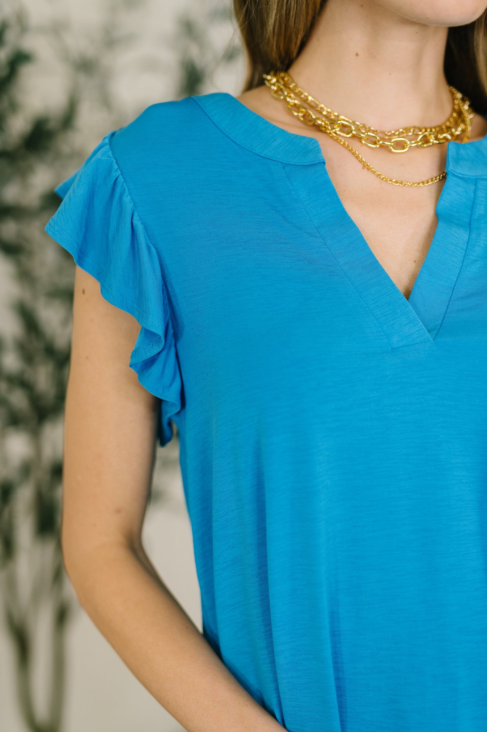 Lizzy Flutter Sleeve V-Neck Blouse in  in Aqua (SM-3X)