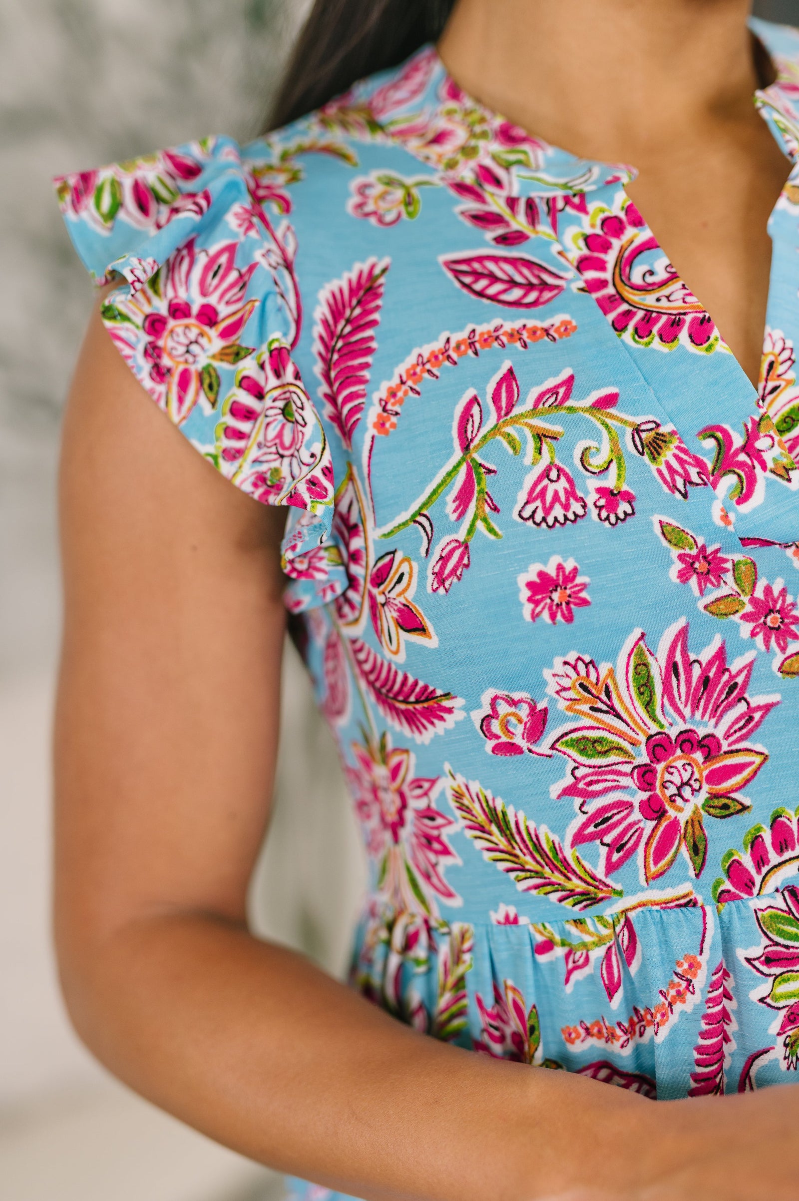 Lizzy Forever Flutter Sleeve Dress in Blue and Pink Paisley Floral (SM-3X) - STB Boutique