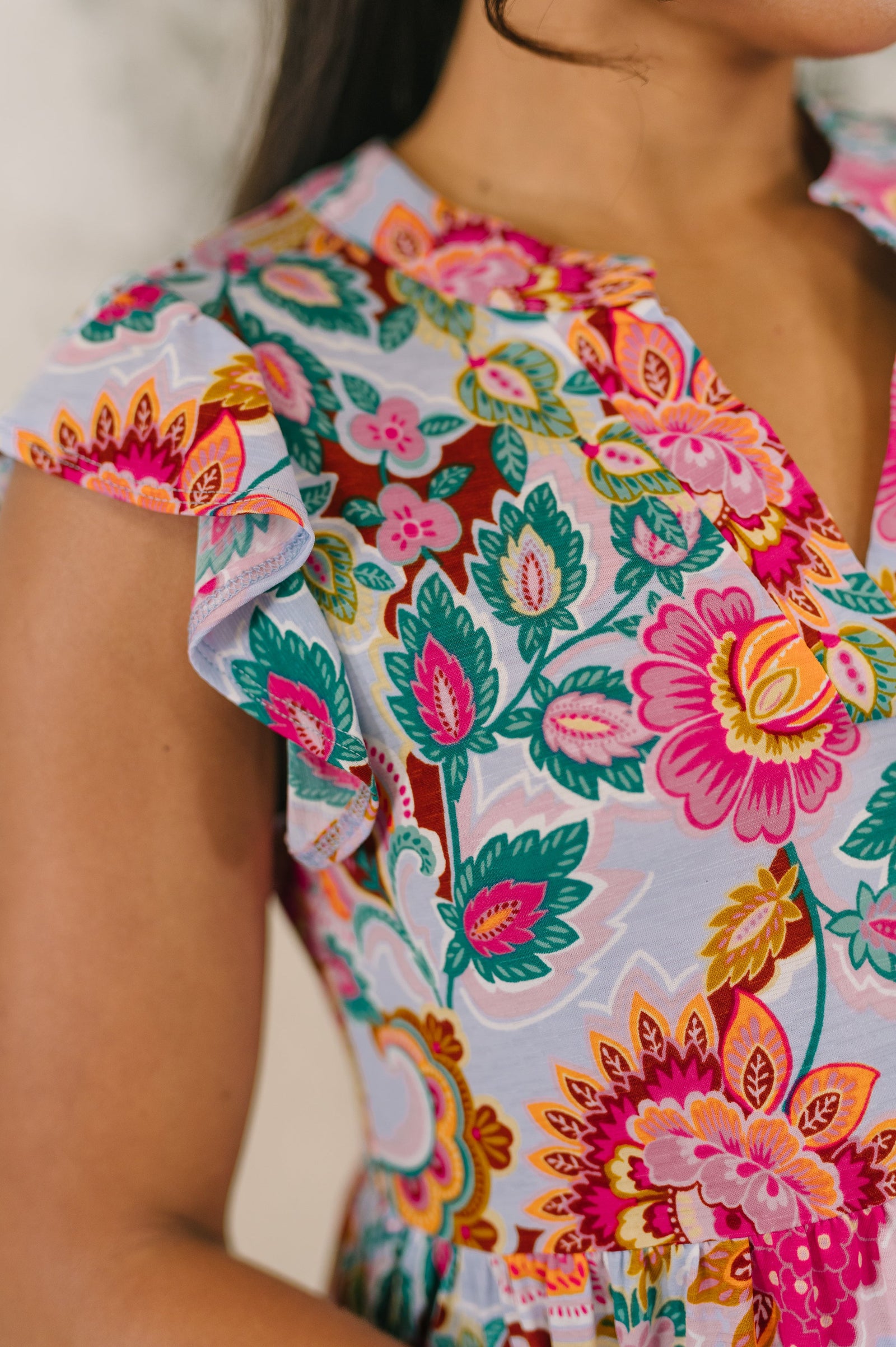 Lizzy Forever Flutter Sleeve Dress in White Multi Floral Paisley (SM-3X) - STB Boutique