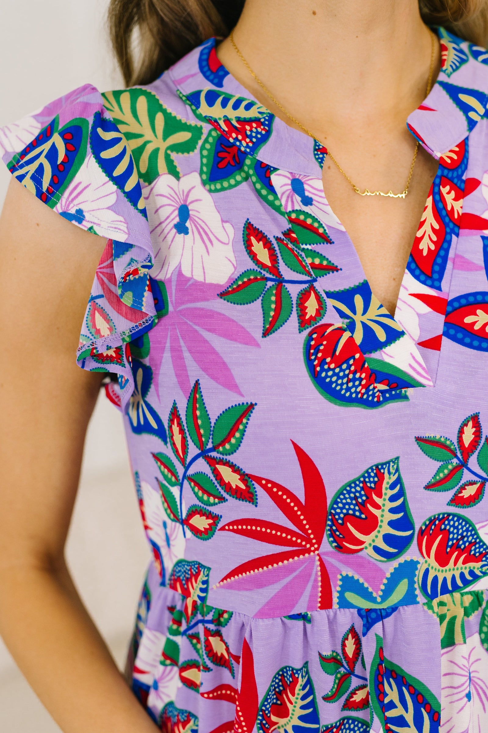 Lizzy Flutter Sleeve Dress in Multi Leaf (SM-3X) - STB Boutique