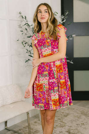 Lizzy Flutter Sleeve Dress in Patchwork Floral (SM-3X) - STB Boutique