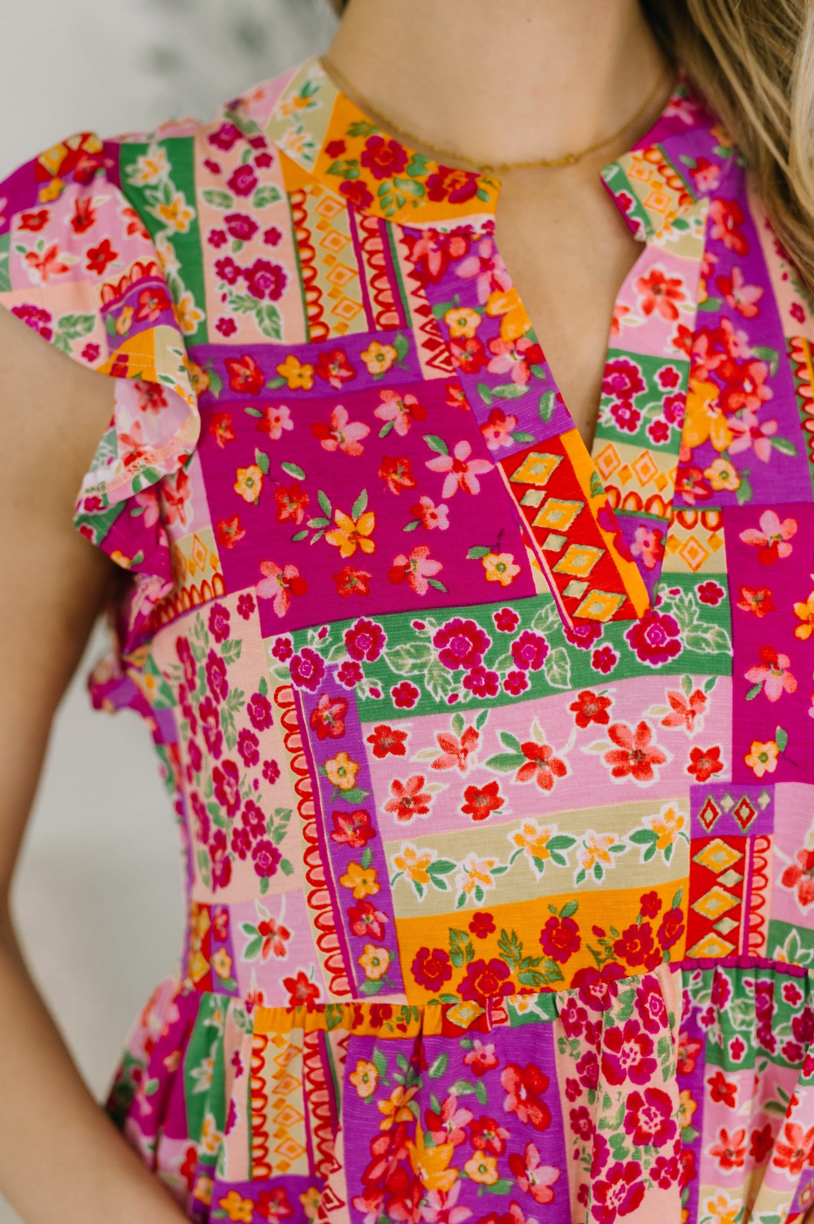 Lizzy Flutter Sleeve Dress in Patchwork Floral (SM-3X) - STB Boutique