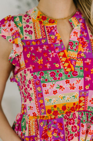 Lizzy Flutter Sleeve Dress in Patchwork Floral (SM-3X) - STB Boutique