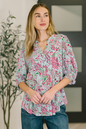 Lizzy Smock Top in Mint and Pink Floral Paisley (SM-3X) - STB Boutique