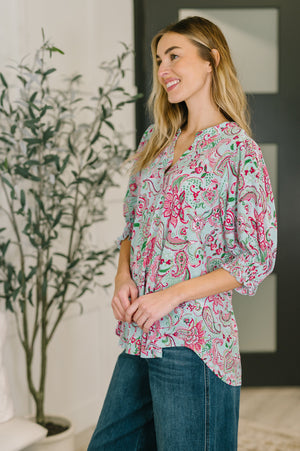 Lizzy Smock Top in Mint and Pink Floral Paisley (SM-3X) - STB Boutique