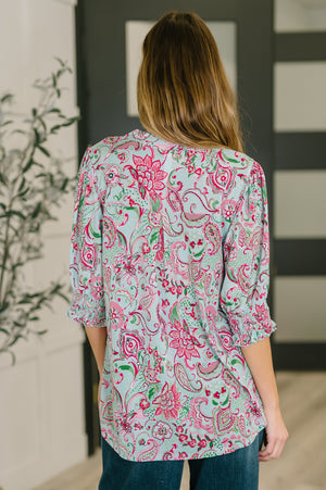 Lizzy Smock Top in Mint and Pink Floral Paisley (SM-3X) - STB Boutique