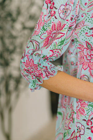 Lizzy Smock Top in Mint and Pink Floral Paisley (SM-3X) - STB Boutique