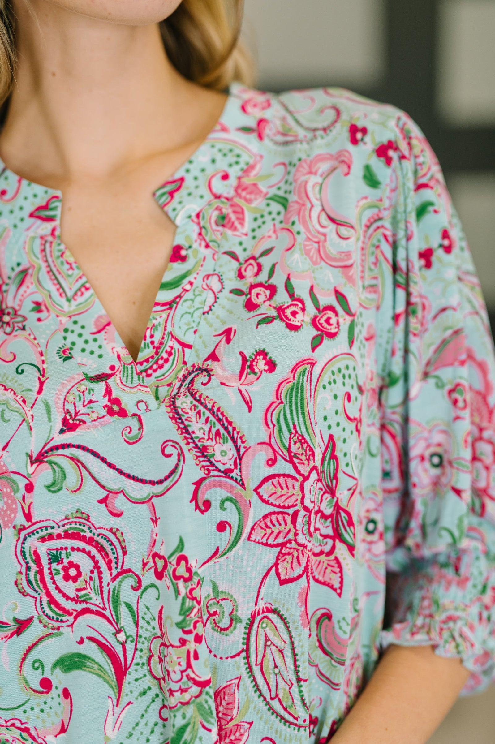 Lizzy Smock Top in Mint and Pink Floral Paisley (SM-3X) - STB Boutique