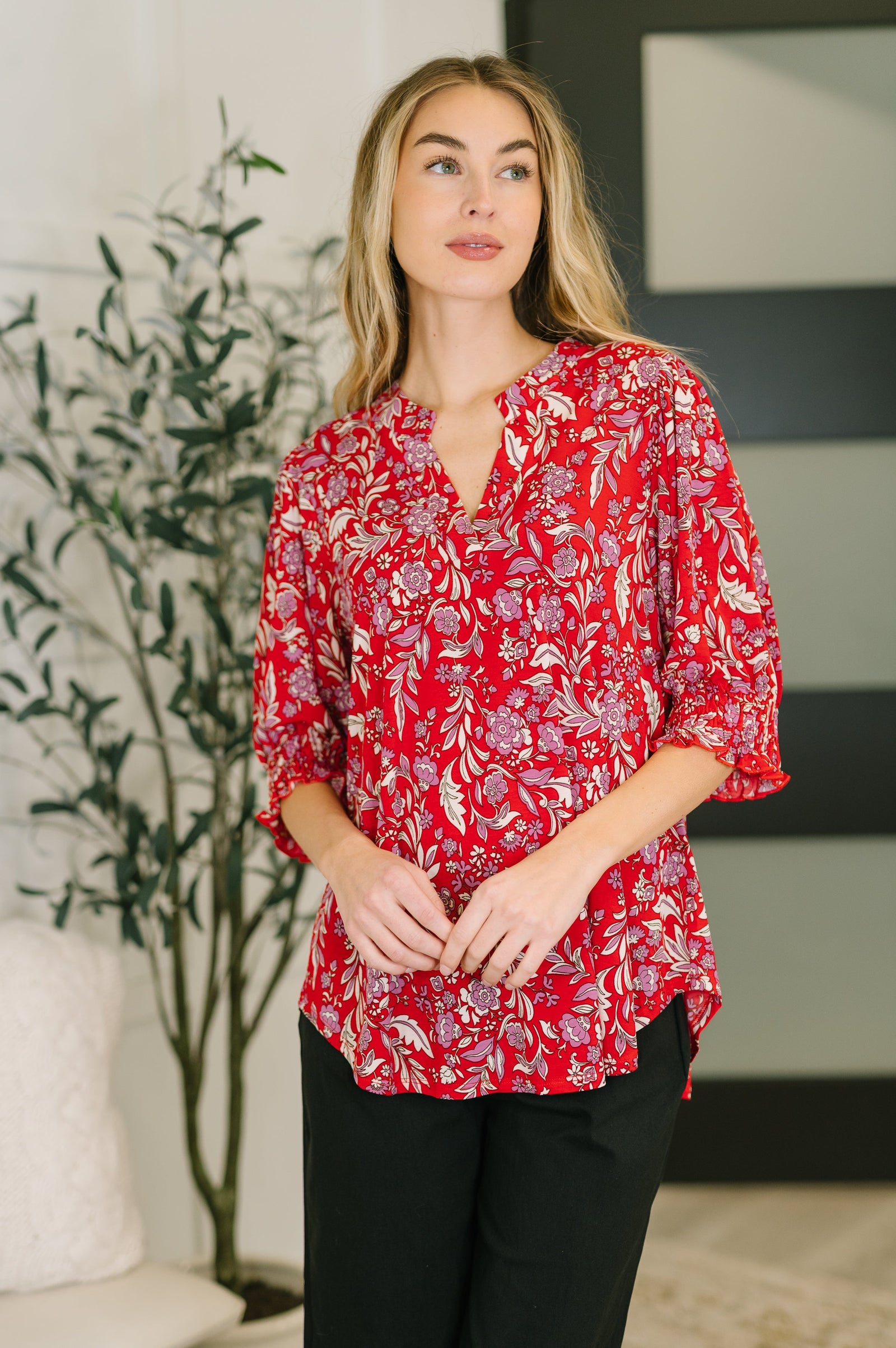 Lizzy Smock Top in Red and Pink Floral (SM-3X) - STB Boutique