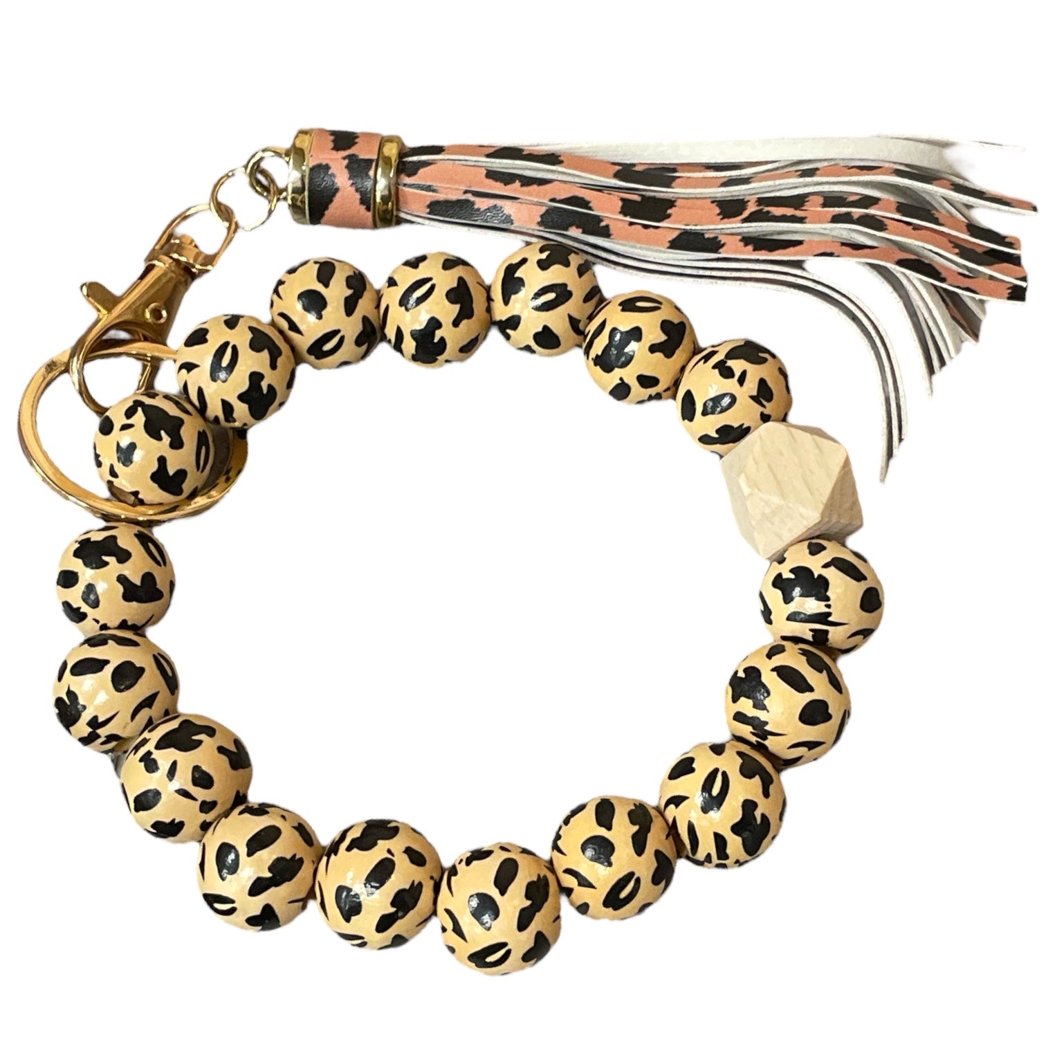 Tan Leopard Wood Bead Tassel Keychain