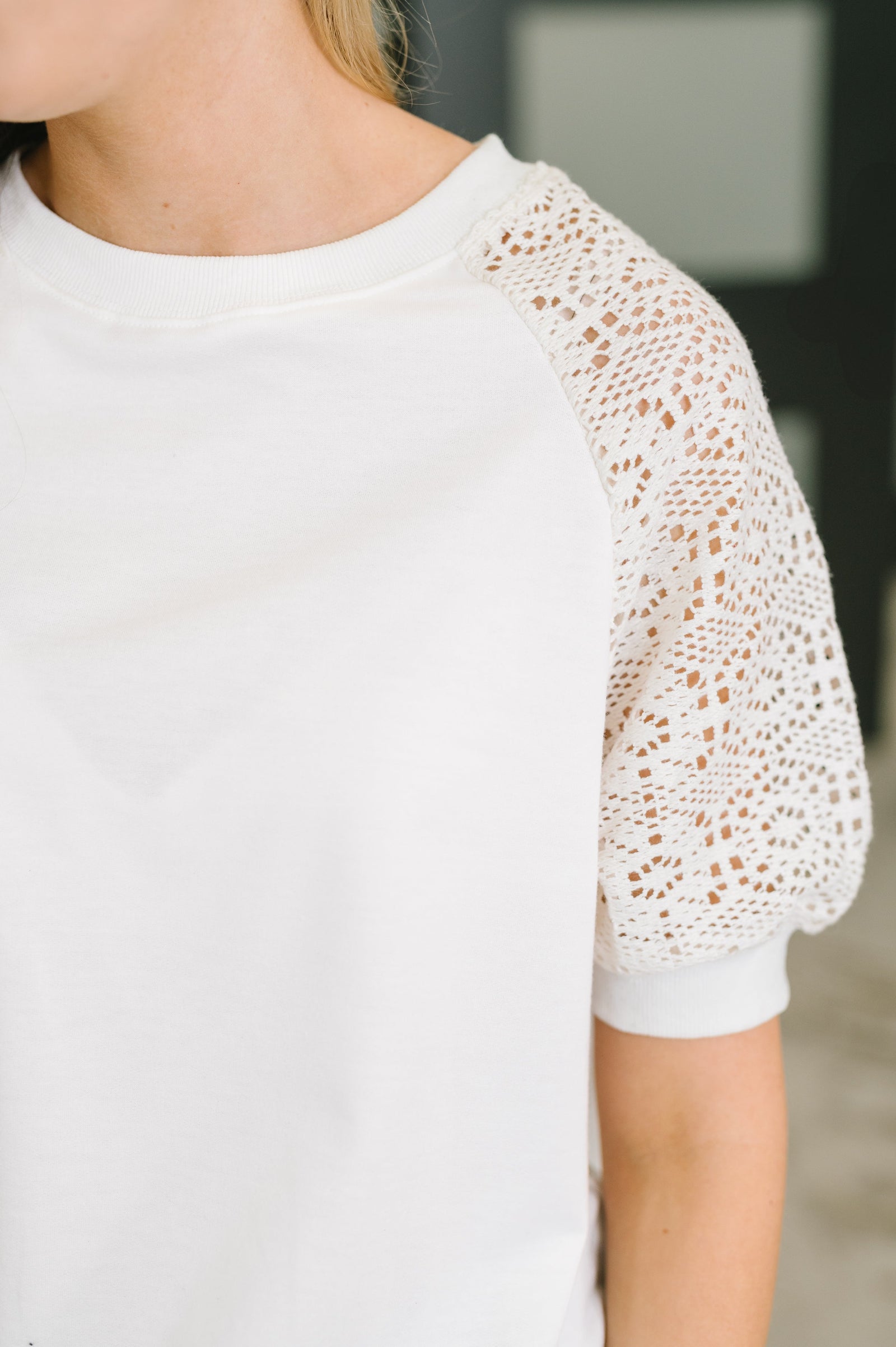 Never Too Lace Raglan Crochet Sleeve Top (SM-XL)
