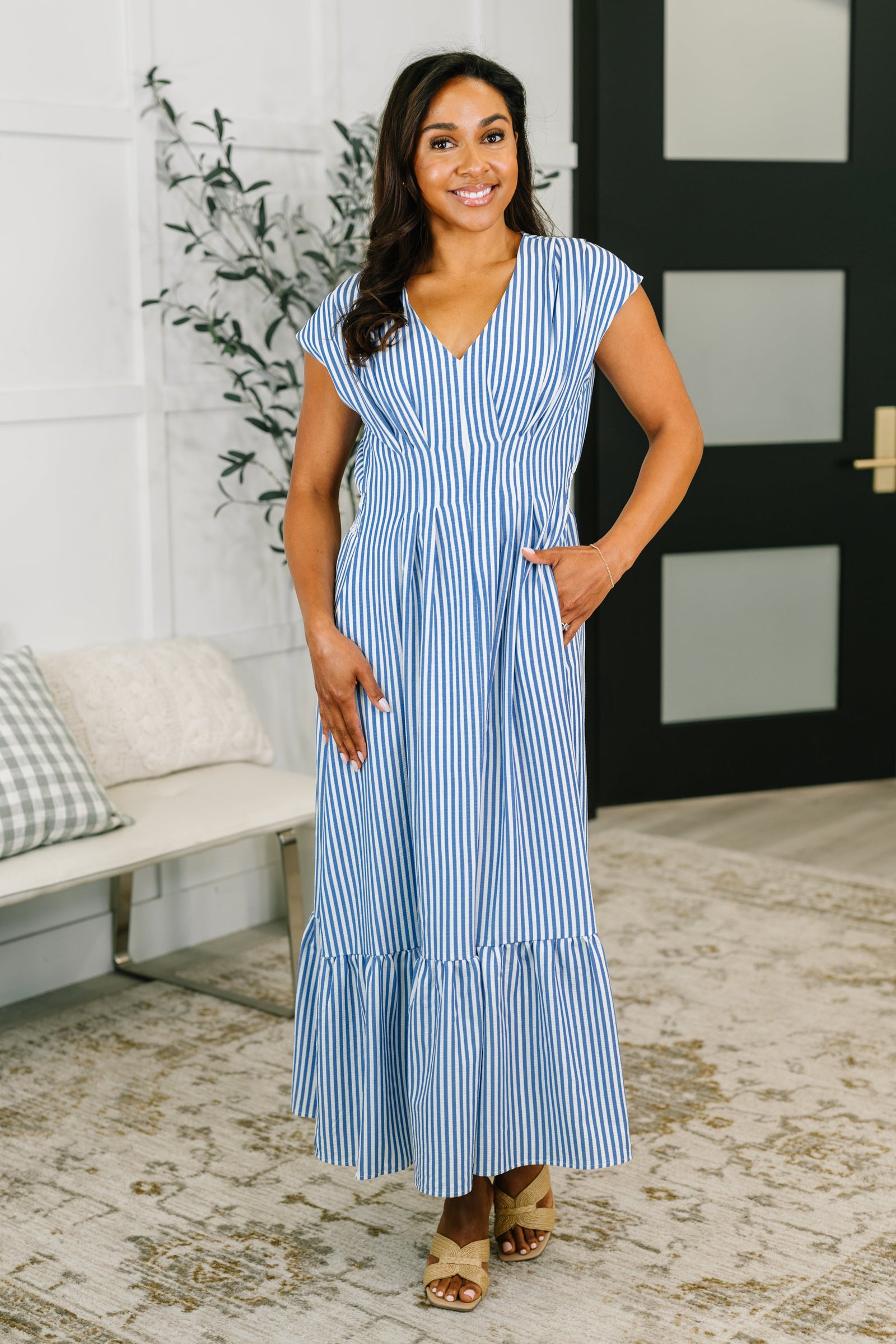 Only Chance Pleated Smock Waist Maxi Dress in Blue (SM-3X)