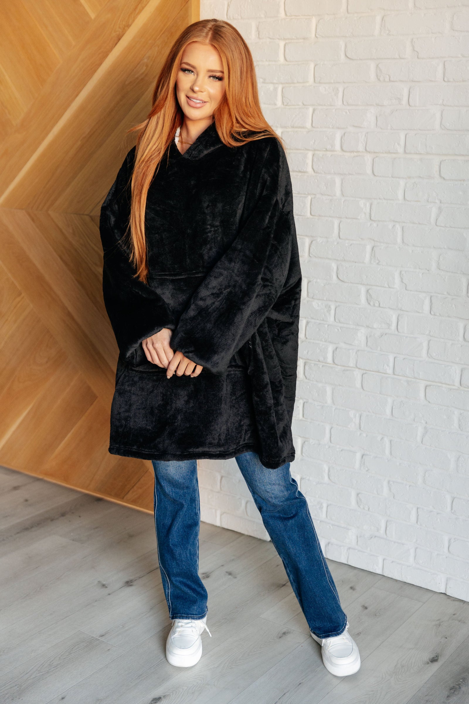 Oversized Velour Blanket Hoodie in Black - STB Boutique