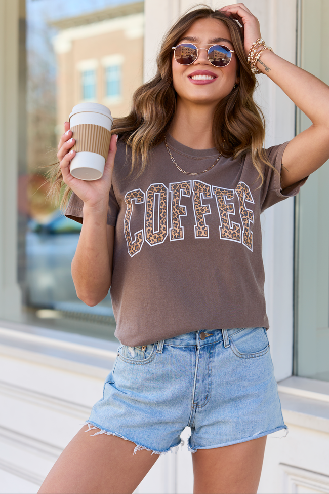 Coffee Leopard Print Brown Graphic Tee - STB Boutique