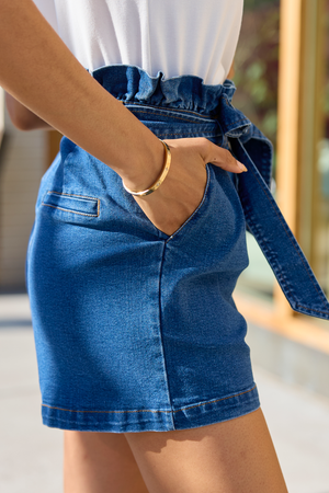 What's New Dark Wash Paperbag Waist Belted Denim Shorts - STB Boutique