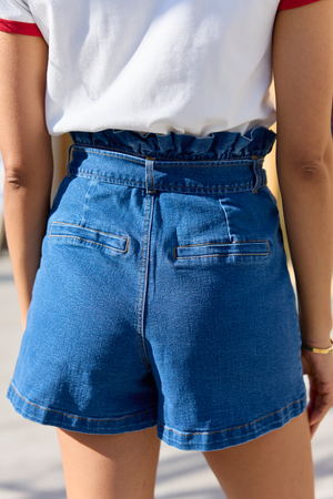 What's New Dark Wash Paperbag Waist Belted Denim Shorts - STB Boutique