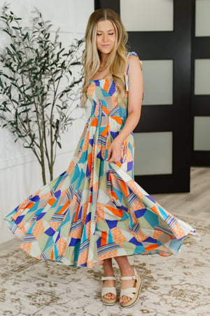 Paint Me Pretty Square Neck Dress in Lime, Blue and Tangerine (SM-2X)