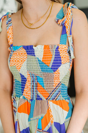Paint Me Pretty Square Neck Dress in Lime, Blue and Tangerine (SM-2X)