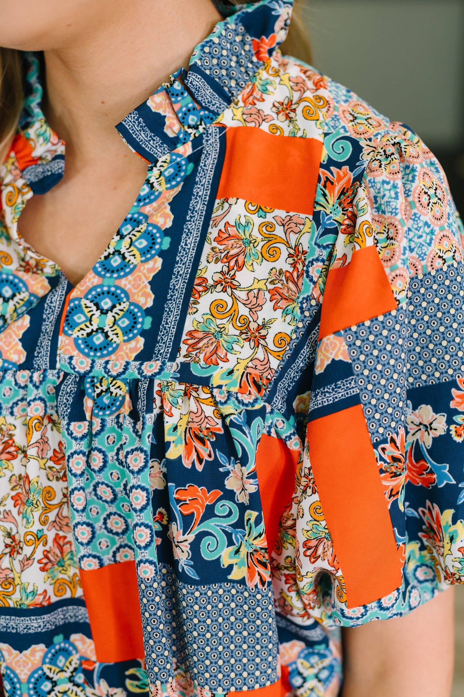 Pardon Me Patchwork Puff Sleeve Blouse (SM-3X)