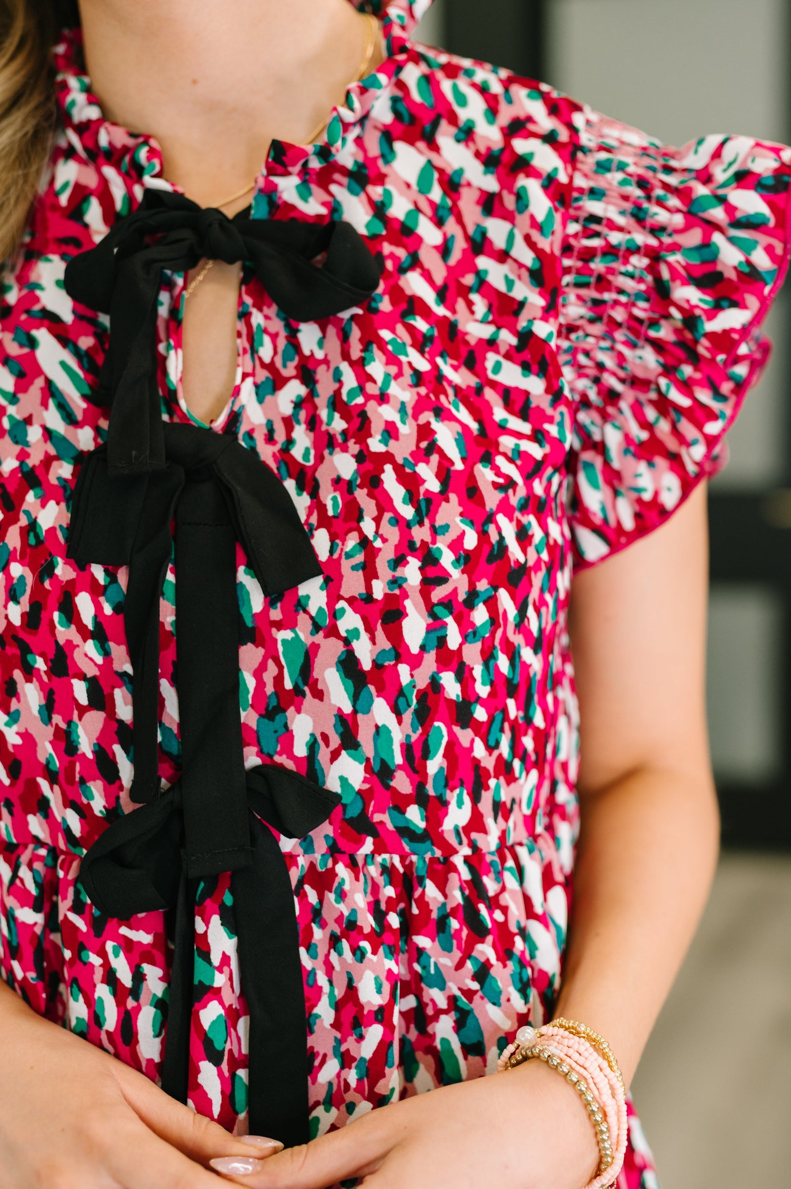 Pattern Pending Bow Detail Dress in Fuchsia and Black (SM-3X)