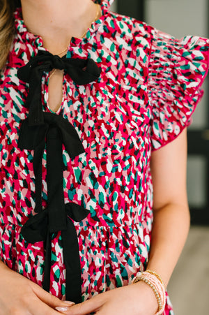 Pattern Pending Bow Detail Dress in Fuchsia and Black (SM-3X)