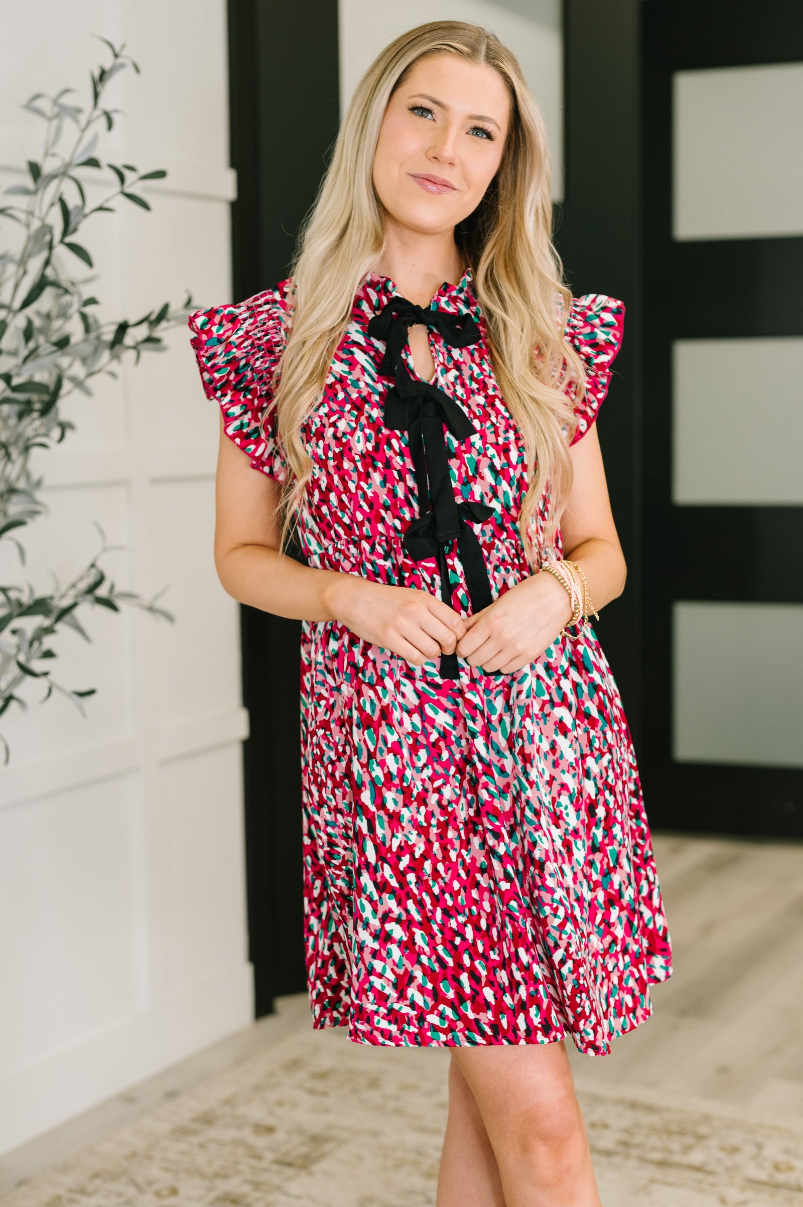 Pattern Pending Bow Detail Dress in Fuchsia and Black (SM-3X)