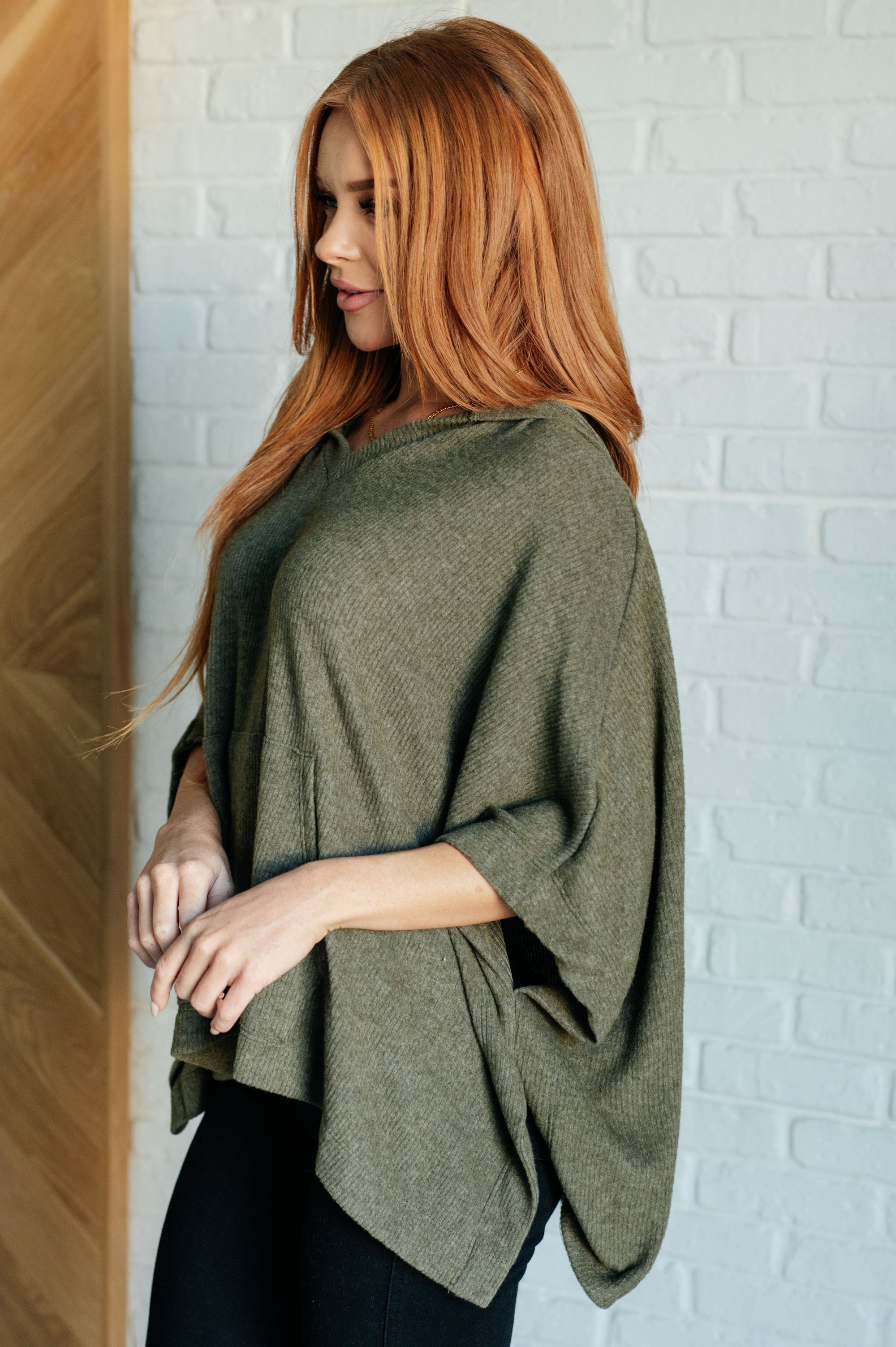 Perfectly Poised Hooded Poncho in Olive (SM-3X)
