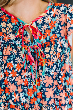 Petal to the Metal Flutter Sleeve Dress in Navy/Coral (SM-2X)