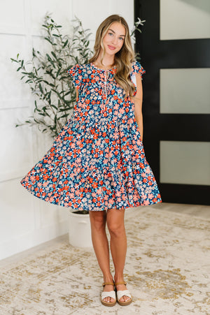Petal to the Metal Flutter Sleeve Dress in Navy/Coral (SM-2X)