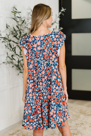 Petal to the Metal Flutter Sleeve Dress in Navy/Coral (SM-2X)