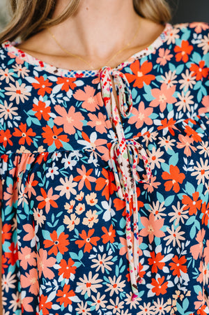 Petal to the Metal Flutter Sleeve Dress in Navy/Coral (SM-2X)
