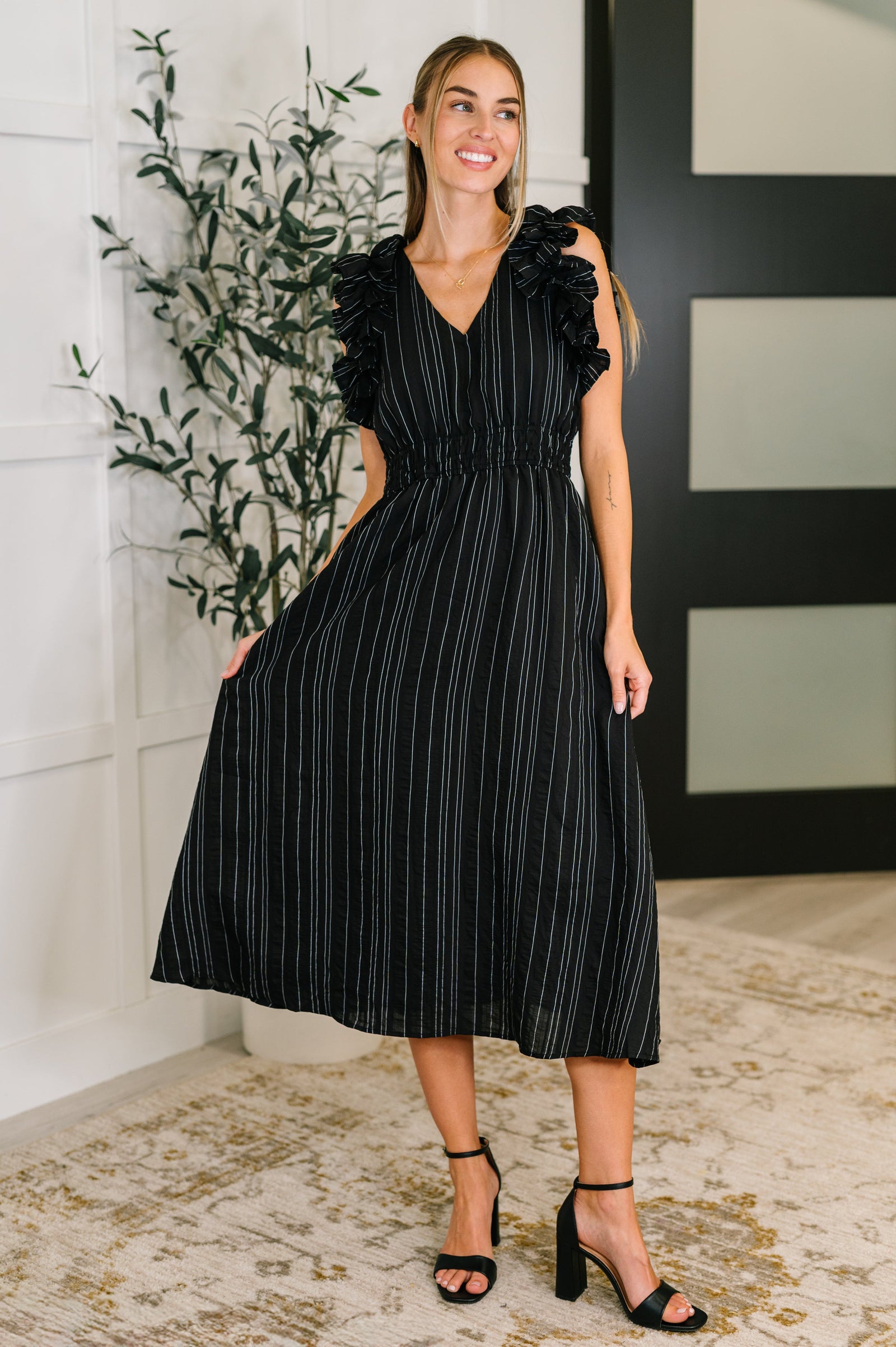 Pinstripe Romance V-Neck Ruffle Sleeve Dress in Black (SM-3X) - STB Boutique