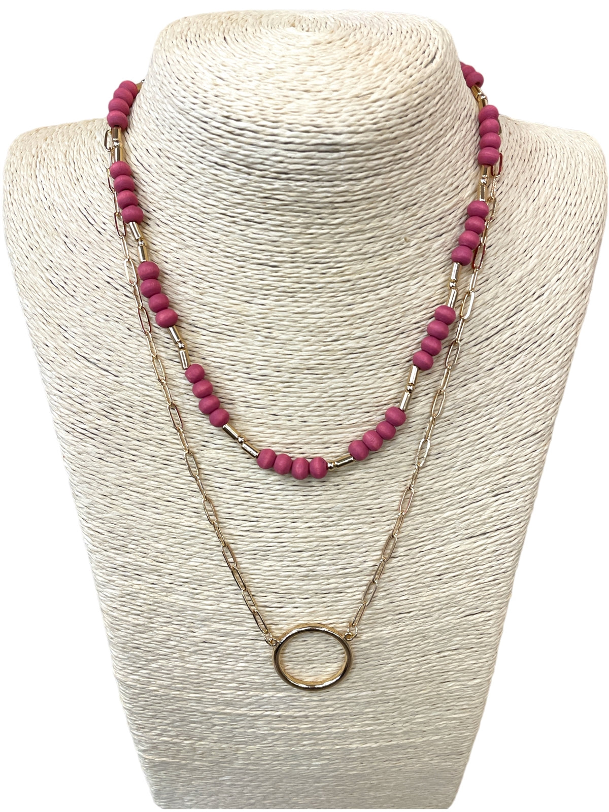 Gold Layered Pink Wood Bead Necklace