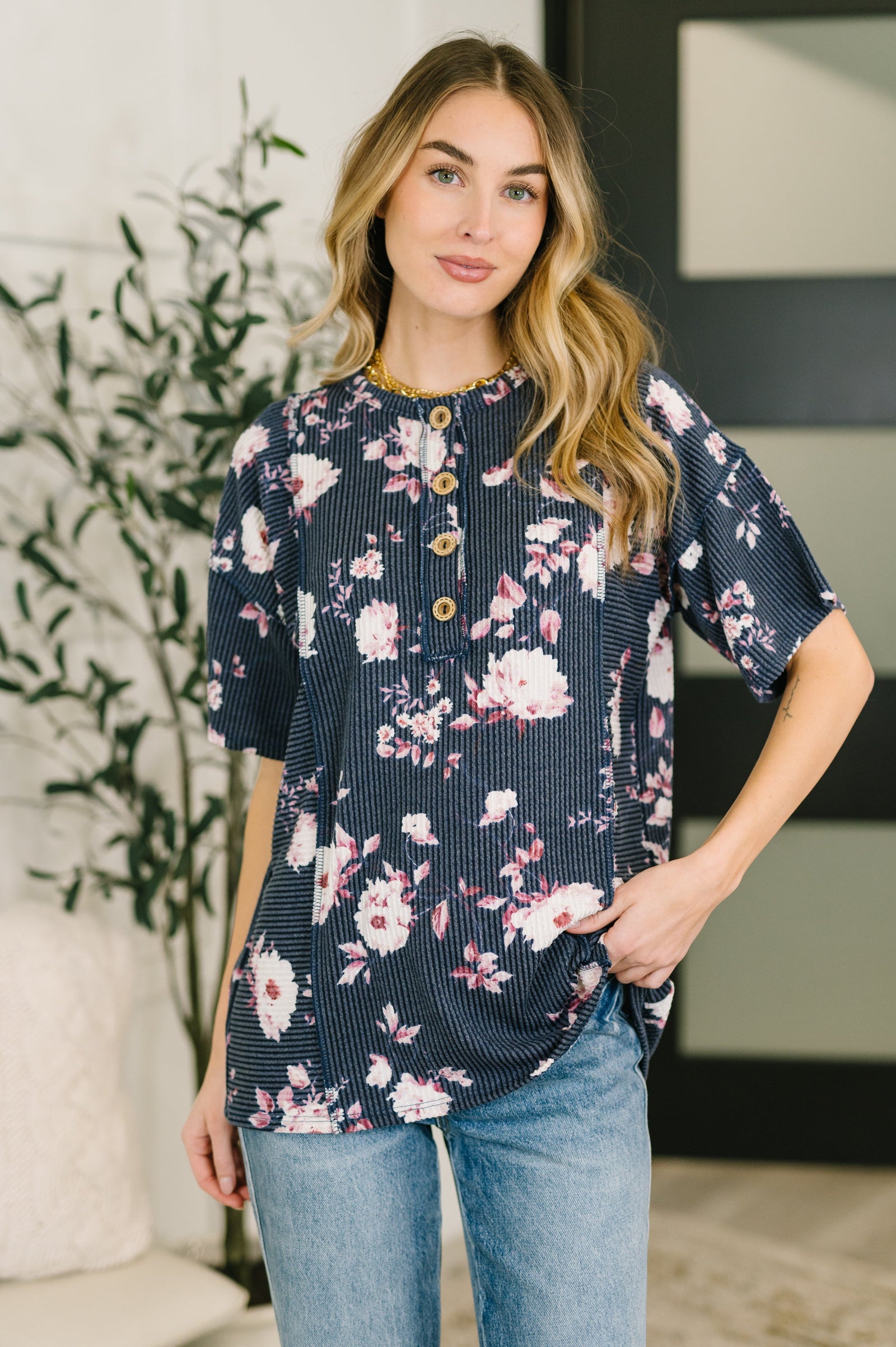 Really Simple Floral Henley Top (SM-3X) - STB Boutique
