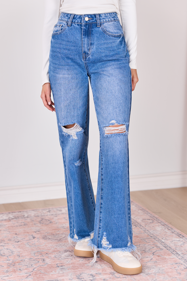 Ariel Medium Wash Distressed Wide Leg Jeans - STB Boutique