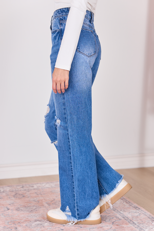 Ariel Medium Wash Distressed Wide Leg Jeans - STB Boutique