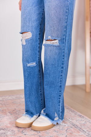 Ariel Medium Wash Distressed Wide Leg Jeans - STB Boutique