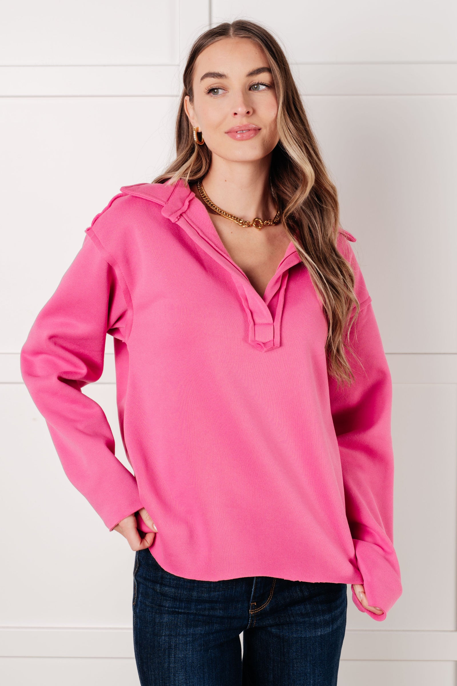 Same Ol' Situation Collared Pullover in Hot Pink (SM-3X)