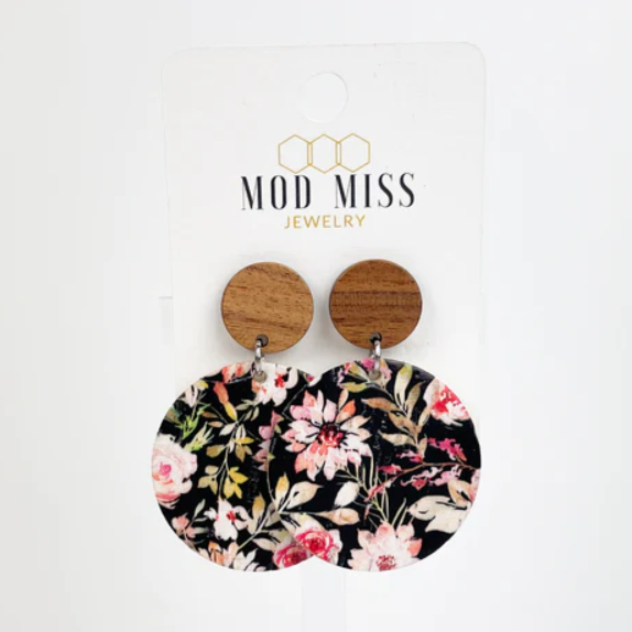 Dahlia Floral Cork Leather Round Earrings w/Wood Stud