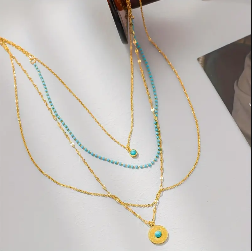 Gold Turquoise Bead Layered  Necklace