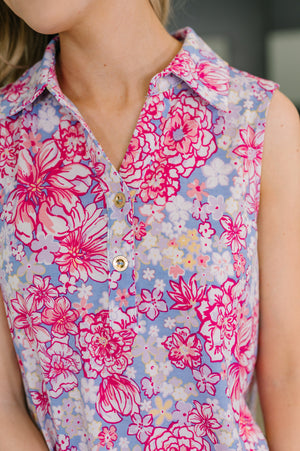 Sea Spray Collared Sleeveless Top in Falling Floral (SM-3X) - STB Boutique