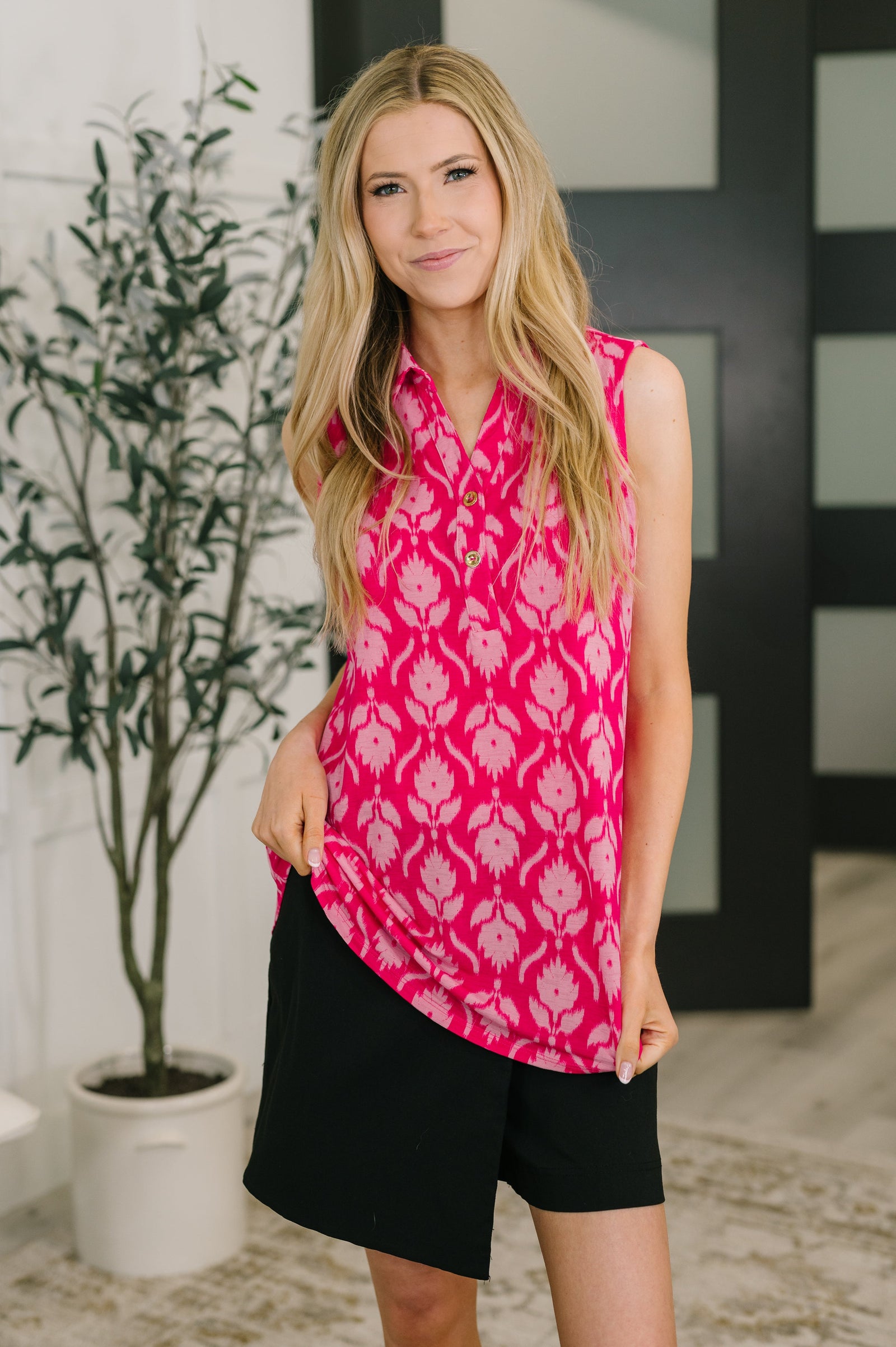 Sea Spray Collared Sleeveless Top in Floral Ikat (SM-3X) - STB Boutique