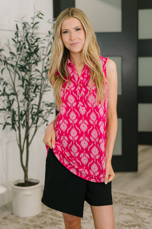 Sea Spray Collared Sleeveless Top in Floral Ikat (SM-3X) - STB Boutique