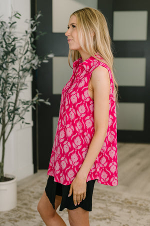 Sea Spray Collared Sleeveless Top in Floral Ikat (SM-3X) - STB Boutique