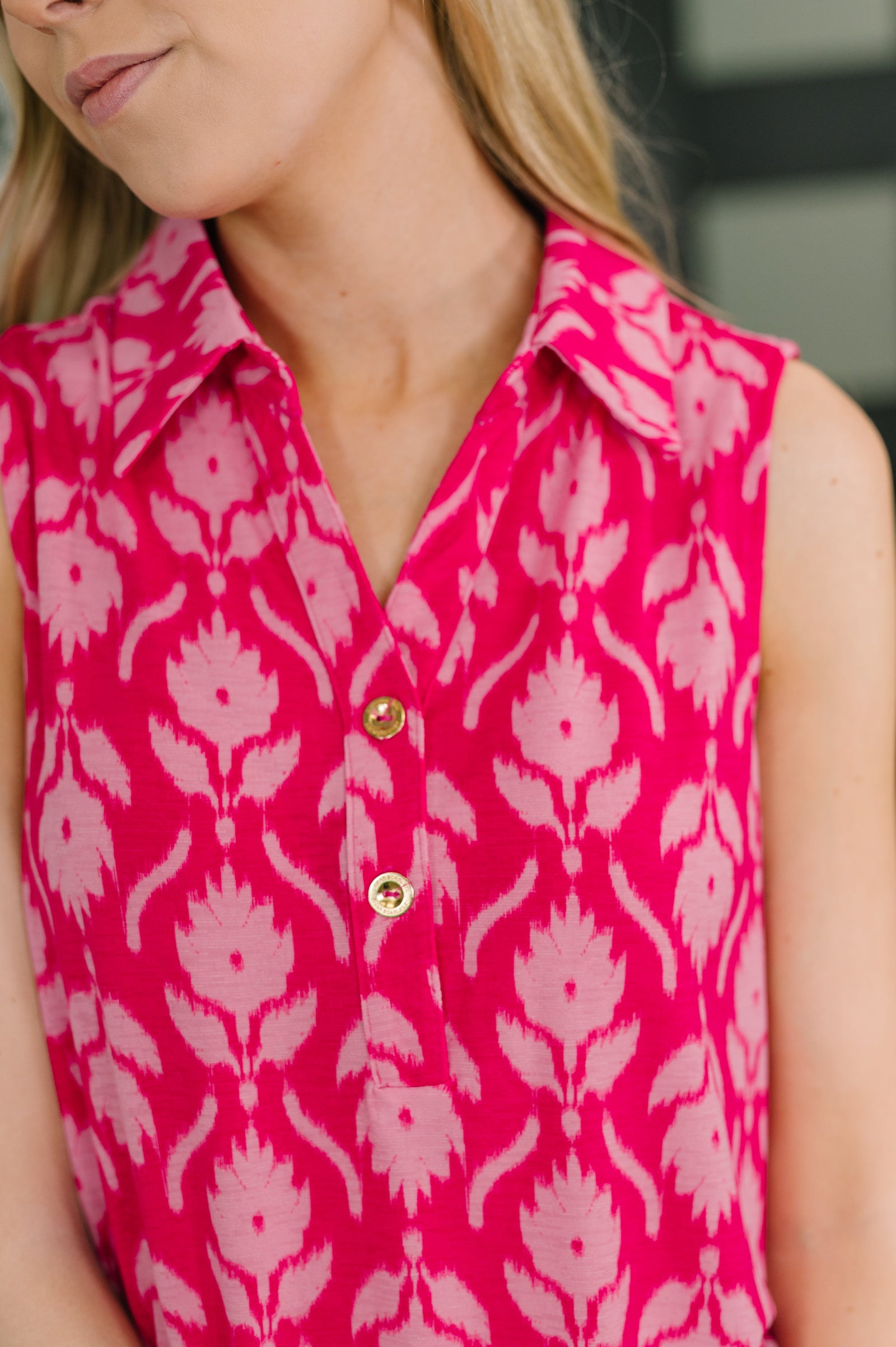 Sea Spray Collared Sleeveless Top in Floral Ikat (SM-3X) - STB Boutique