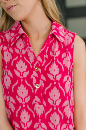 Sea Spray Collared Sleeveless Top in Floral Ikat (SM-3X) - STB Boutique