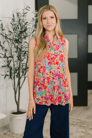 Sea Spray Collared Sleeveless Top in Island Bloom (SM-3X) - STB Boutique